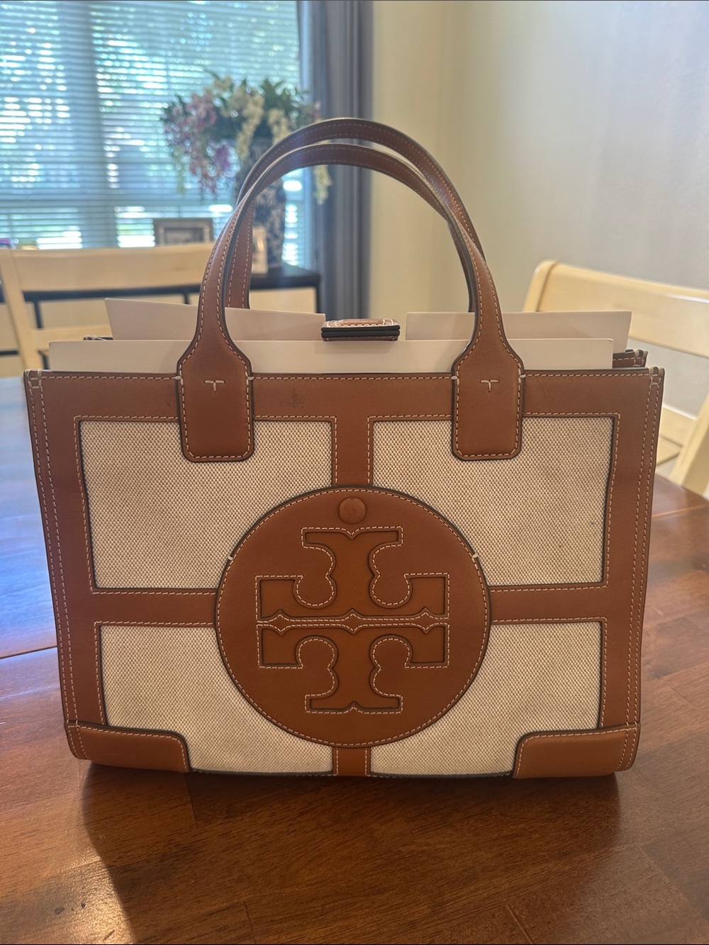 Tory Burch Ella Tote with Tan Leather-Trim Canvas and Logo Medallion